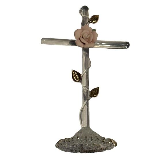 Glass Cross with Pink Rose & Leaves Home Decor Cake Topper Religion Church - Picture 3 of 6